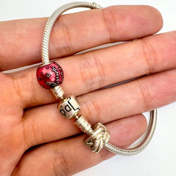 VTG Pandora Sterling Silver 925 Charm Bracelet Happy Birthday Charm Scroll Charm - Picture 1 of 16